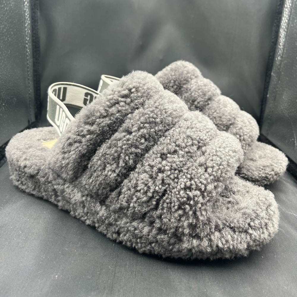Plush Gray Shearling Slide Sandals with Branded Elastic Heel Strap